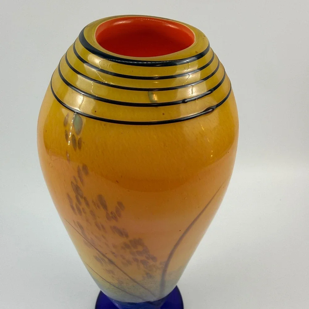 Art Glass Vase Amber Blue Cattail Reed Motif Pedestal Vase